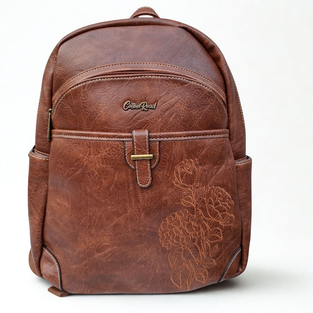 Cotton Road Backpack: BROWN PU Leather Laptop Backpack with Embossed flower stitching on white