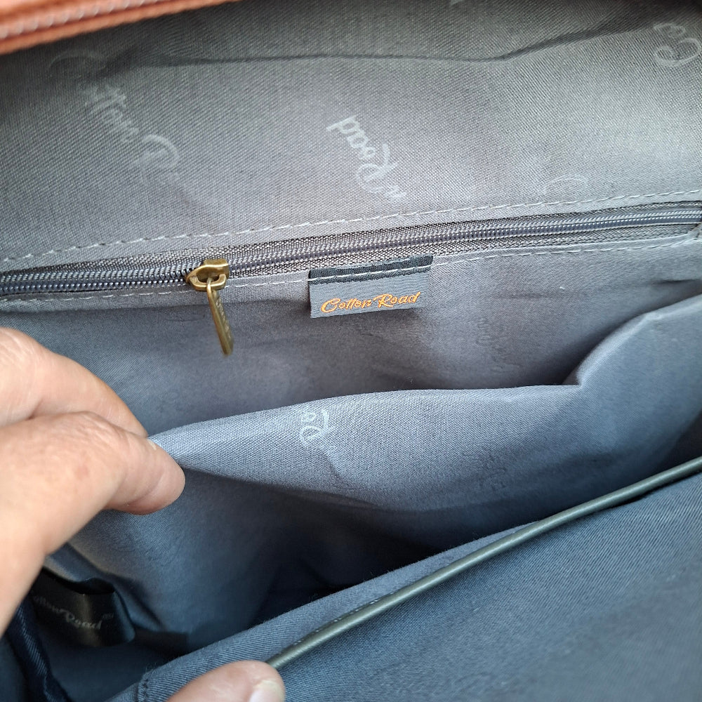 Cotton Road Backpack: BROWN PU Leather Laptop Backpack with Embossed flower stitching interior