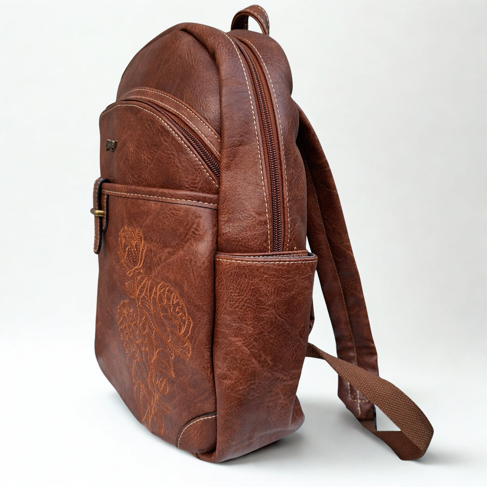 Cotton Road Backpack: BROWN PU Leather Laptop Backpack with Embossed flower stitching side view