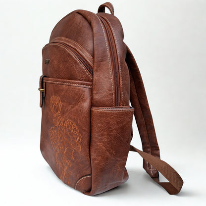 Cotton Road Backpack: BROWN PU Leather Laptop Backpack with Embossed flower stitching side view