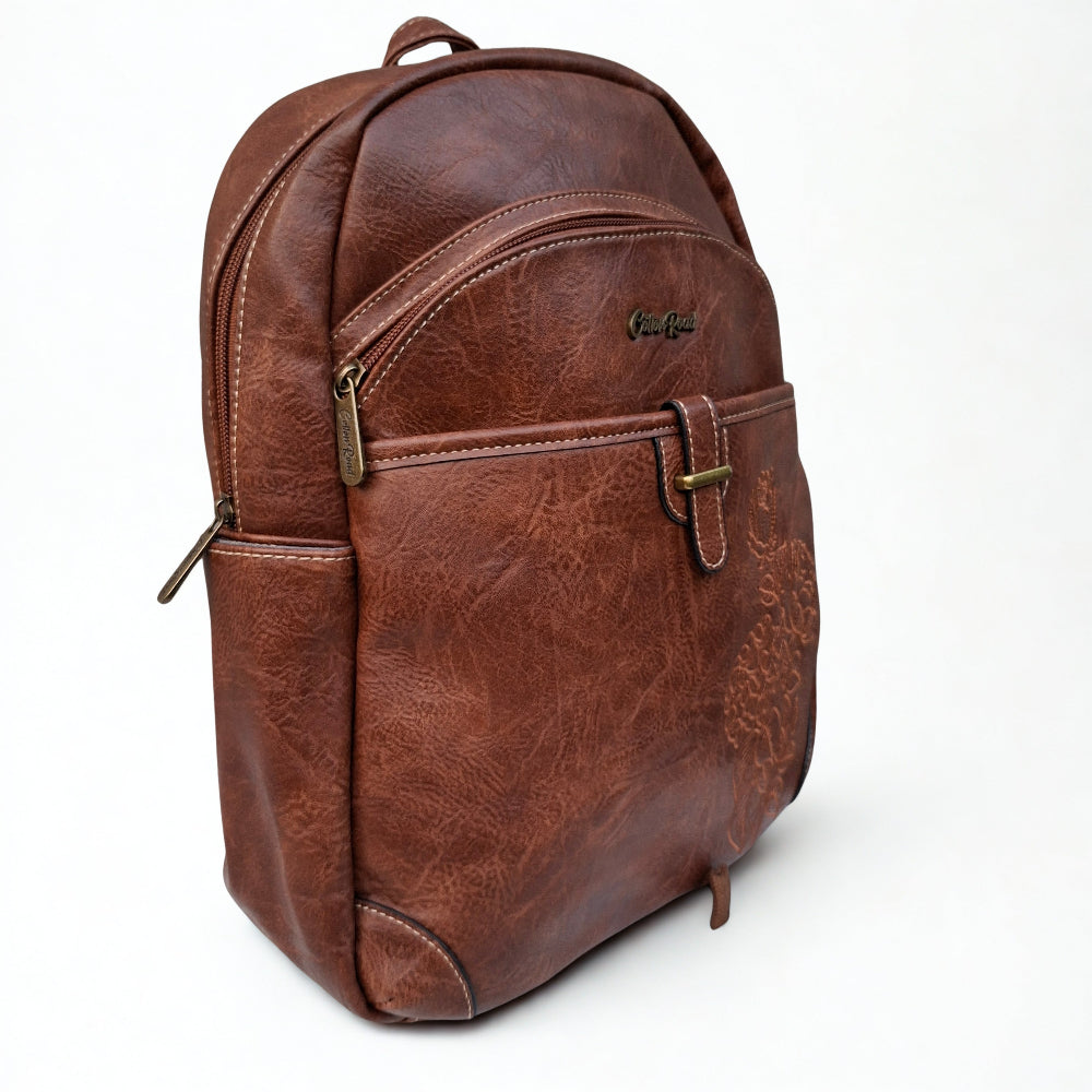 Cotton Road Backpack: BROWN PU Leather Laptop Backpack with Embossed flower stitching side view