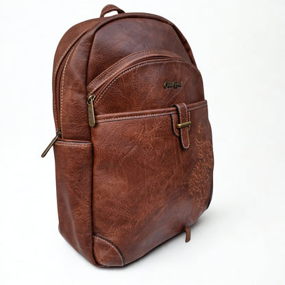 Cotton Road Backpack: BROWN PU Leather Laptop Backpack with Embossed flower stitching side view