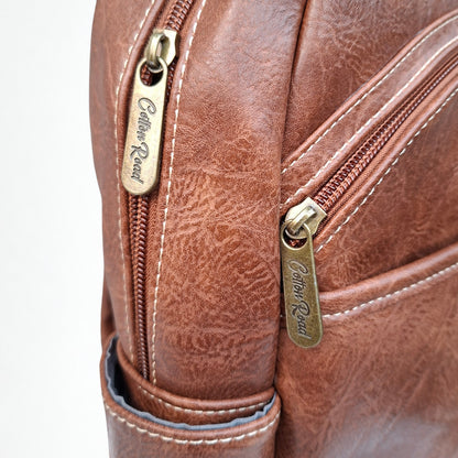 Cotton Road Backpack: BROWN PU Leather Laptop Backpack with Embossed flower stitching zipped