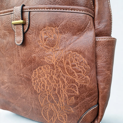 Cotton Road Backpack: BROWN PU Leather Laptop Backpack with Embossed flower stitching details