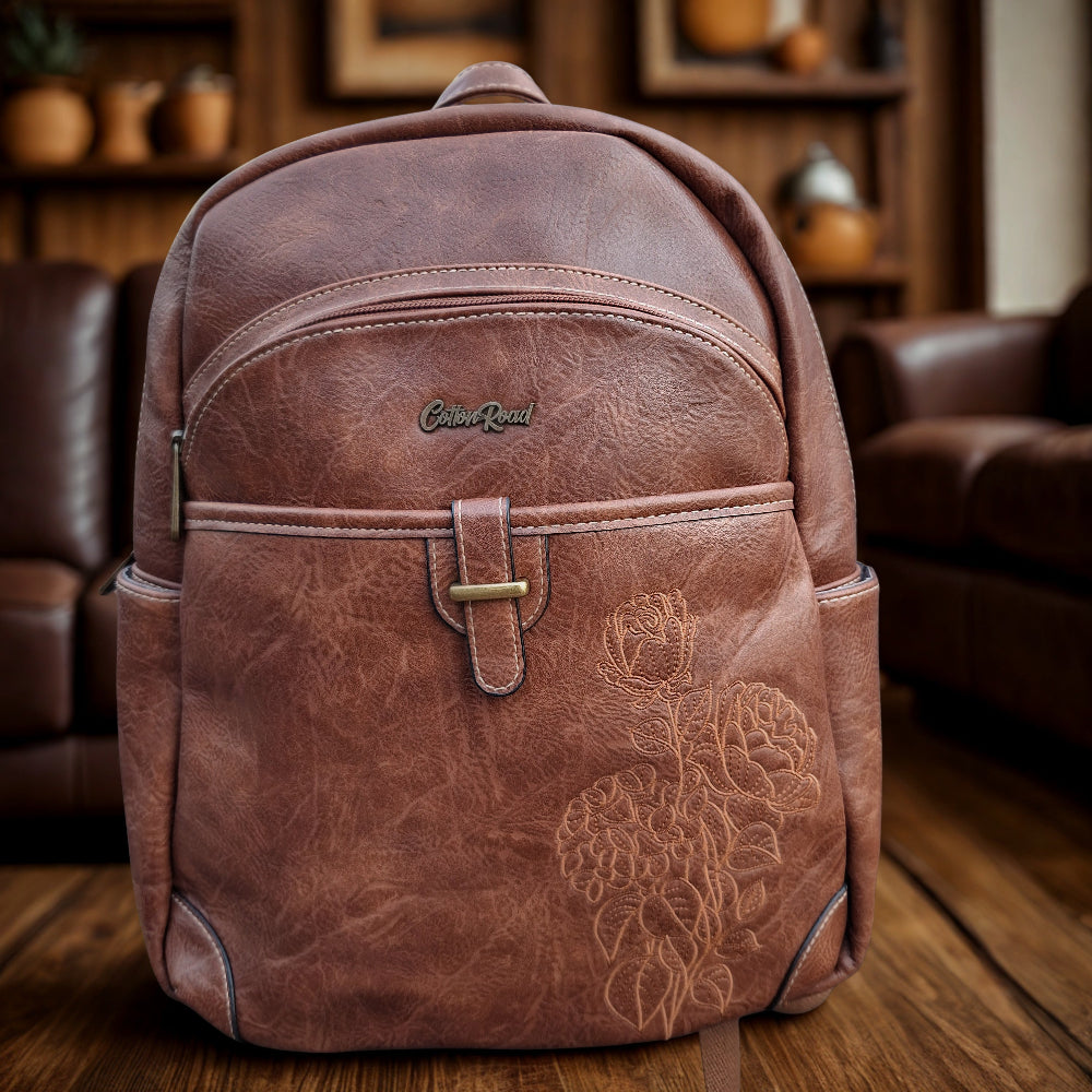 Cotton Road Backpack: BROWN PU Leather Laptop Backpack with Embossed flower stitching