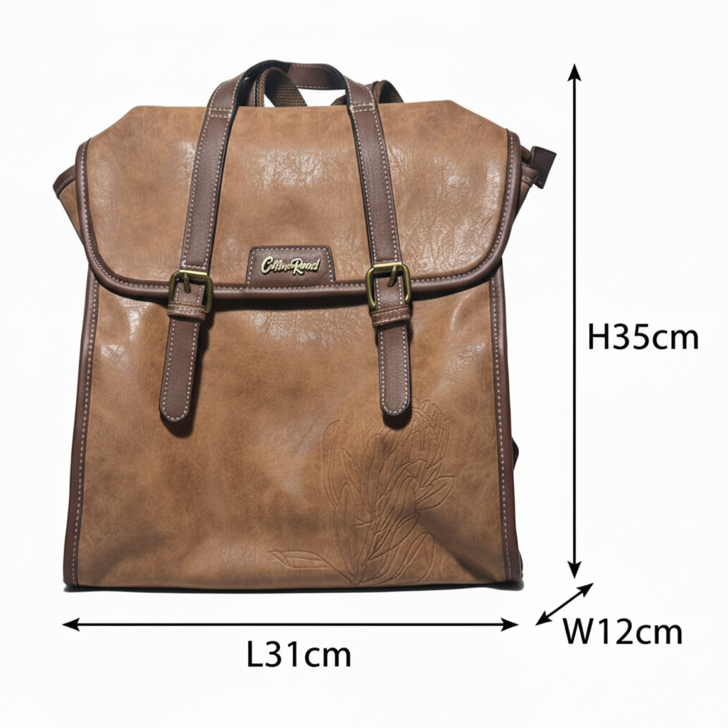 COTTON ROAD BACKPACK: BROWN PU Leather backpack with Embossed Proteas SIZED