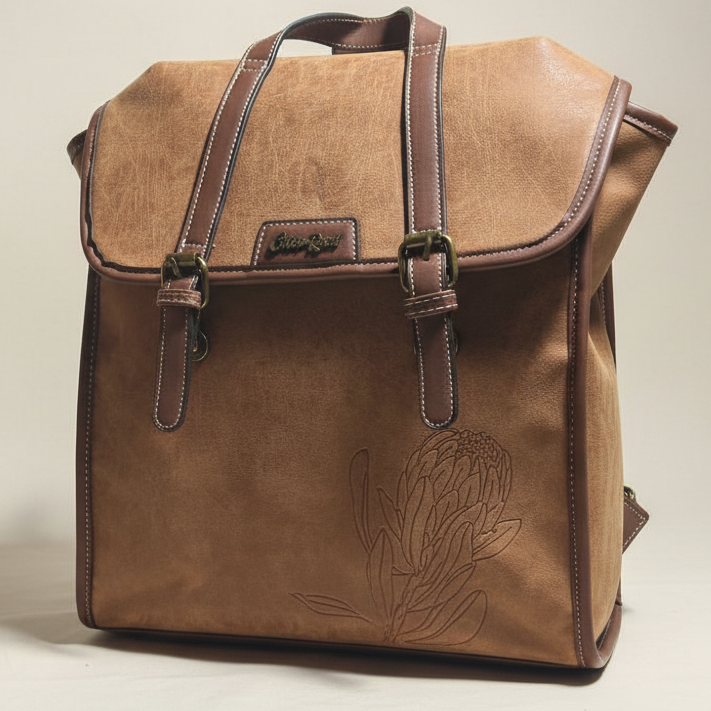 COTTON ROAD BACKPACK: BROWN PU Leather backpack with Embossed Proteas