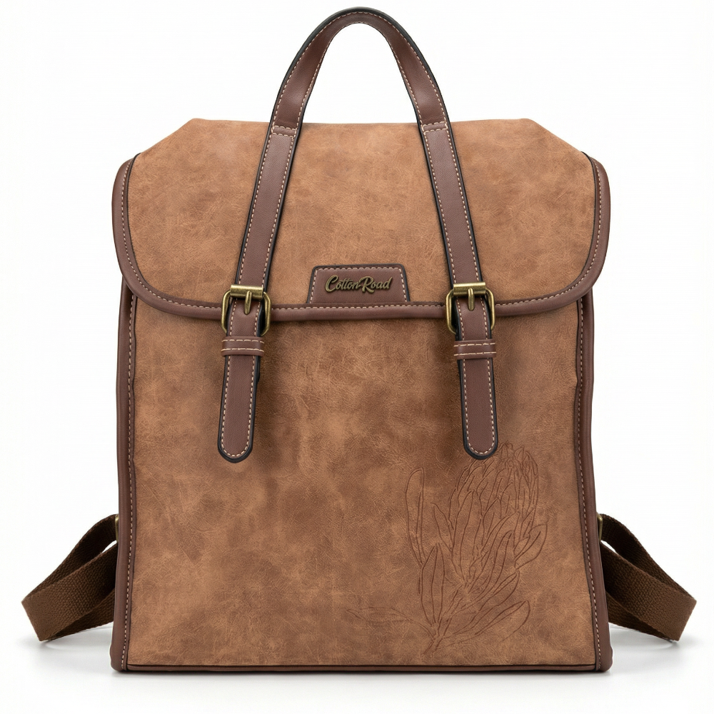 COTTON ROAD BACKPACK: BROWN PU Leather backpack with Embossed Proteas EXTERIOR