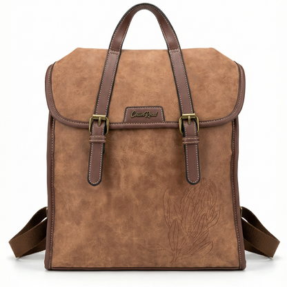 COTTON ROAD BACKPACK: BROWN PU Leather backpack with Embossed Proteas EXTERIOR