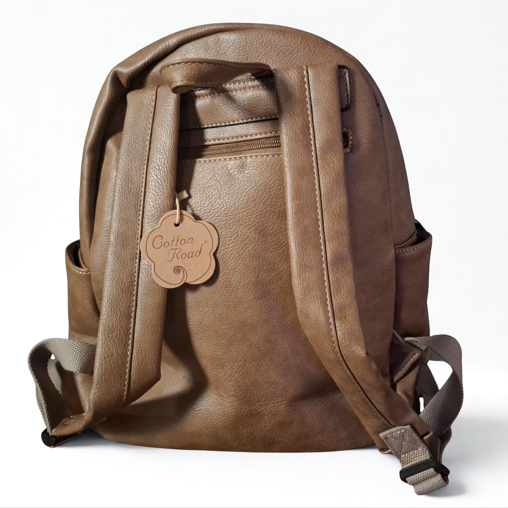 Cotton Road Backpack: KHAKI PU Leather BACKPACK with FRONT POCKET