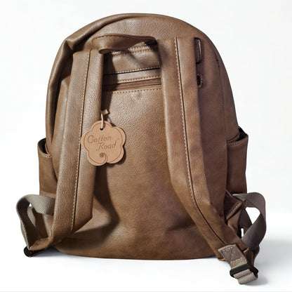 Cotton Road Backpack: KHAKI PU Leather BACKPACK with FRONT POCKET