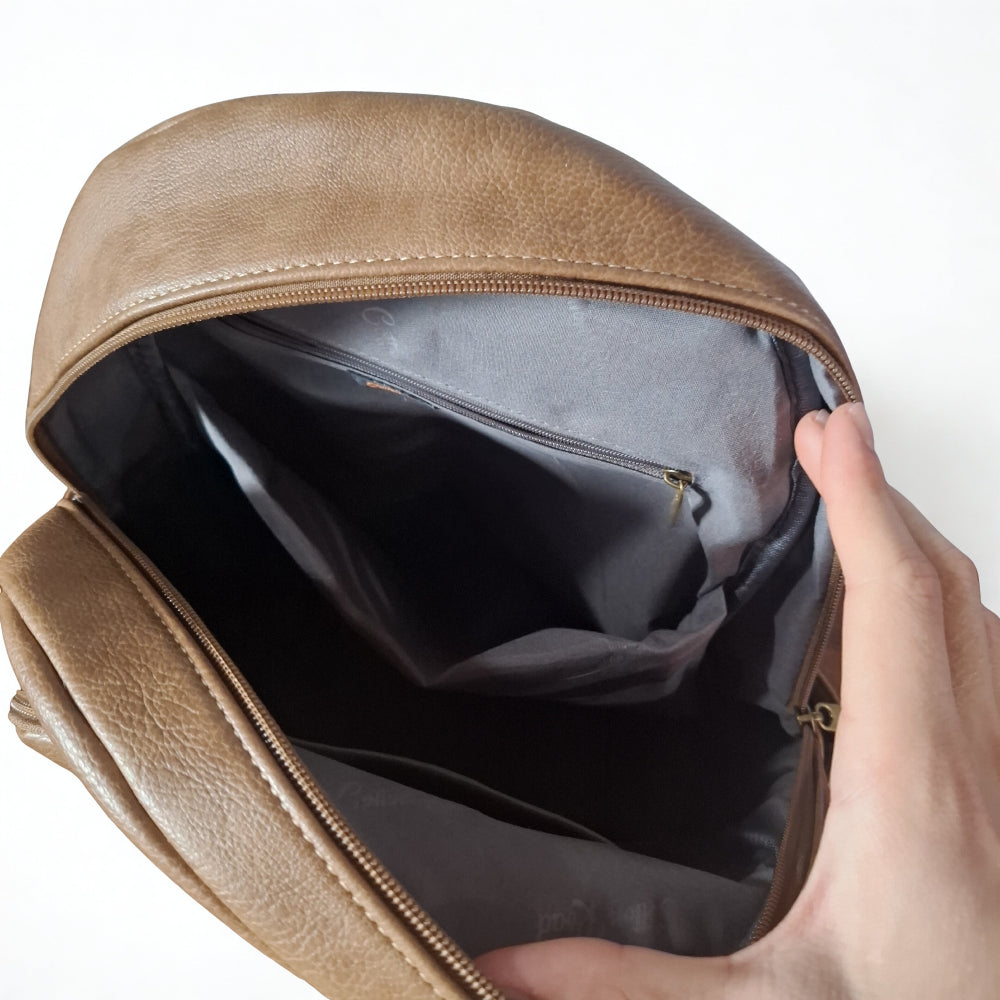 Cotton Road Backpack: KHAKI PU Leather BACKPACK with FRONT POCKET