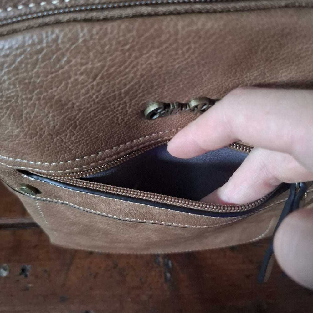 Cotton Road Backpack: KHAKI PU Leather BACKPACK with FRONT POCKET