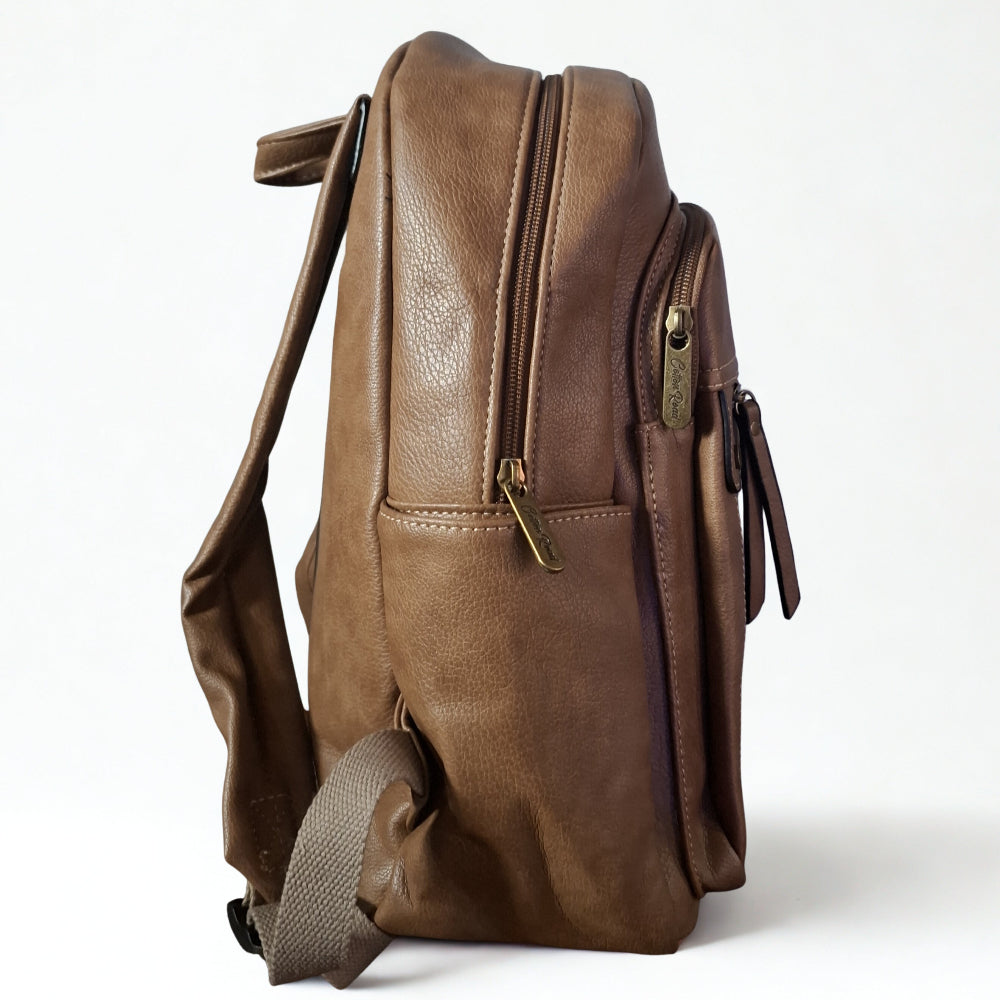 Cotton Road Backpack: KHAKI PU Leather BACKPACK with FRONT POCKET
