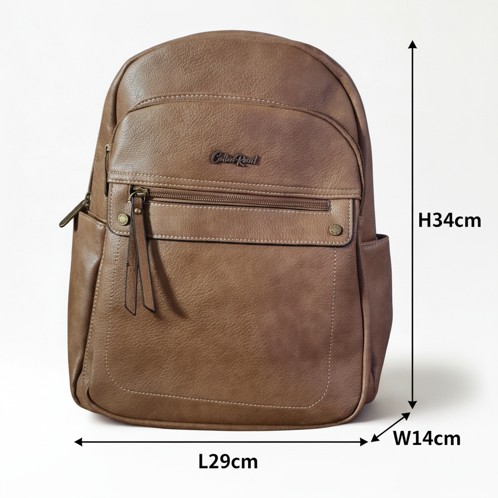 Cotton Road Backpack: KHAKI PU Leather BACKPACK with FRONT POCKET