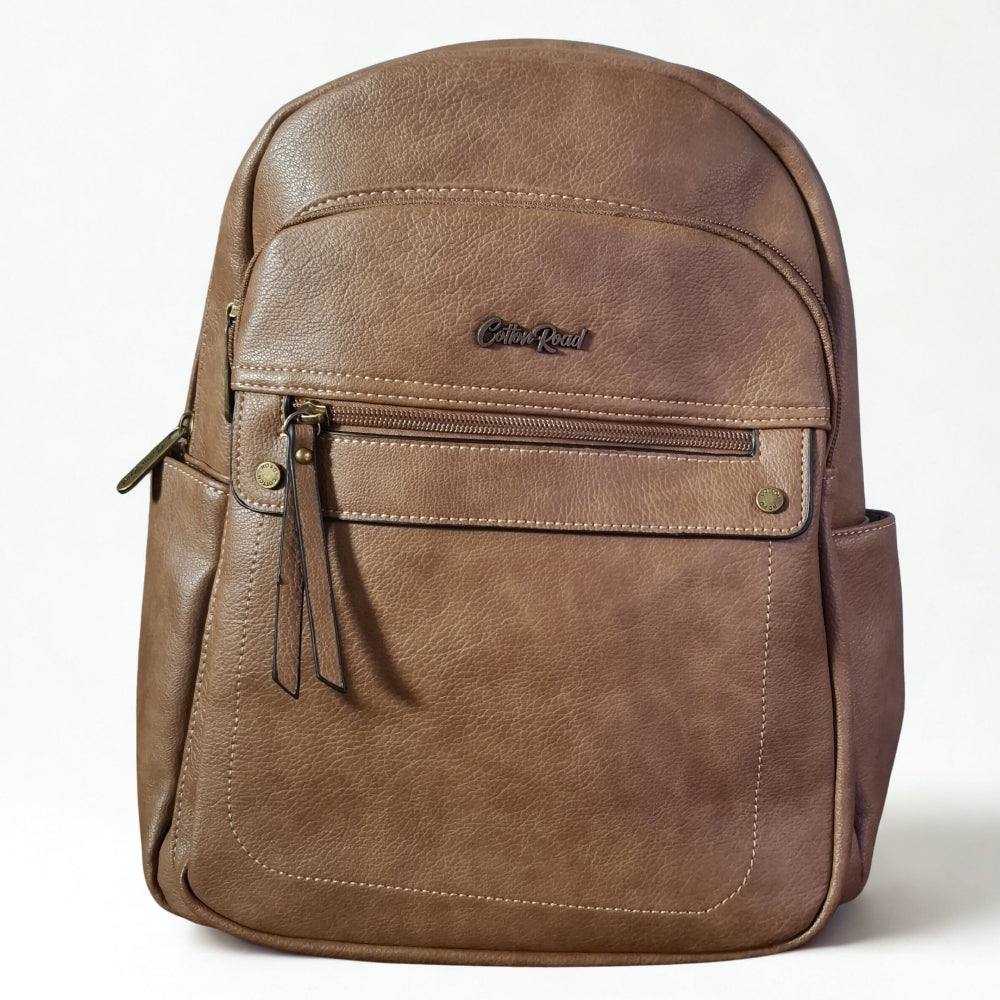 Cotton Road Backpack: KHAKI PU Leather BACKPACK with FRONT POCKET