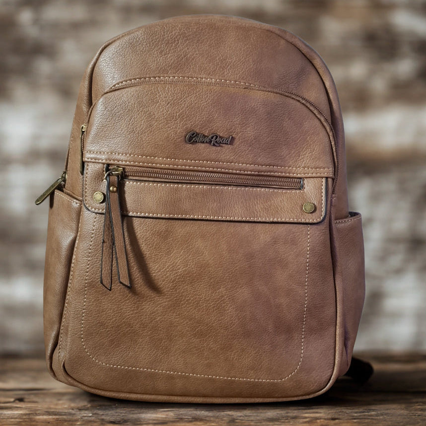 Cotton Road Backpack: KHAKI PU Leather BACKPACK with FRONT POCKET
