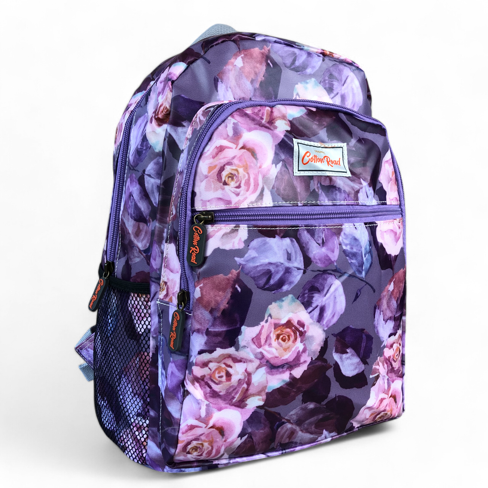 PURPLE PVC Cotton Road Backpack with FLOWERS front view