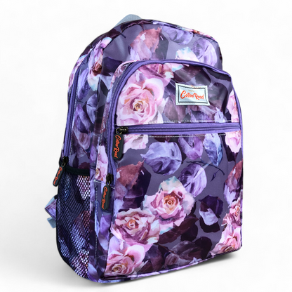 PURPLE PVC Cotton Road Backpack with FLOWERS front view