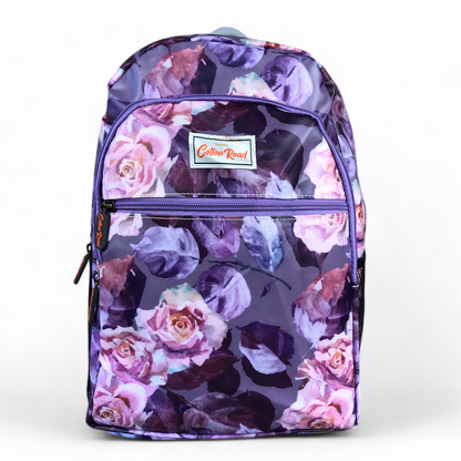 PURPLE PVC Cotton Road Backpack with FLOWERS front view