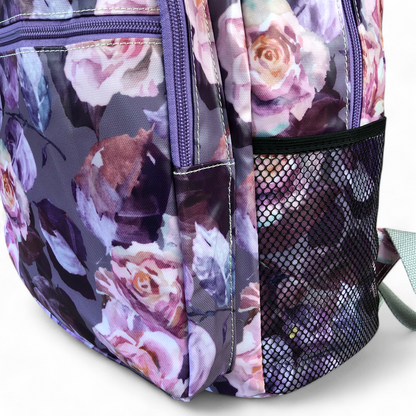 PURPLE PVC Cotton Road Backpack with FLOWERS net pouch