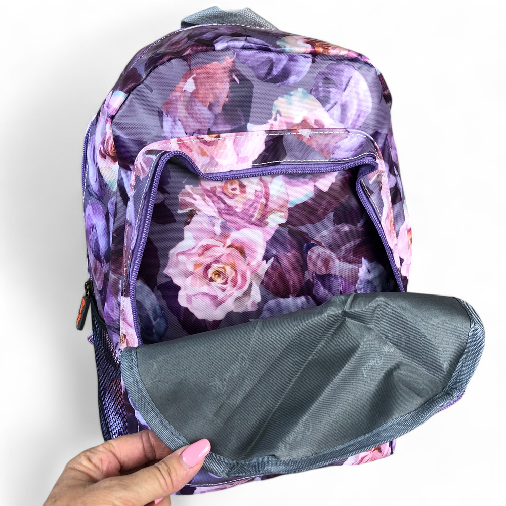 PURPLE PVC Cotton Road Backpack with FLOWERS open net pouch