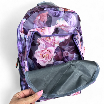 PURPLE PVC Cotton Road Backpack with FLOWERS open net pouch