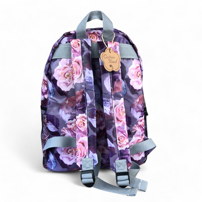 PURPLE PVC Cotton Road Backpack with FLOWERS rear view