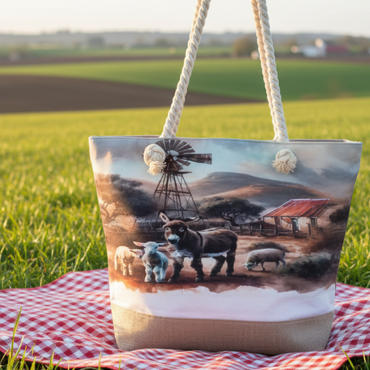 Cotton Road Beach Bag: Canvas FARMSTYLE Bag with HESSIAN detailing- LIFESTYLE