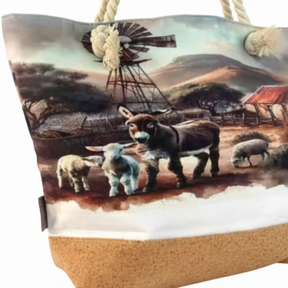 Cotton Road Beach Bag: Canvas FARMSTYLE Bag with HESSIAN detailing ZOOMED