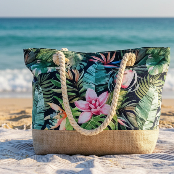 Cotton Road Beach Bag: Canvas GREEN FLORAL Bag with HESSIAN detailing LIFESTYLE