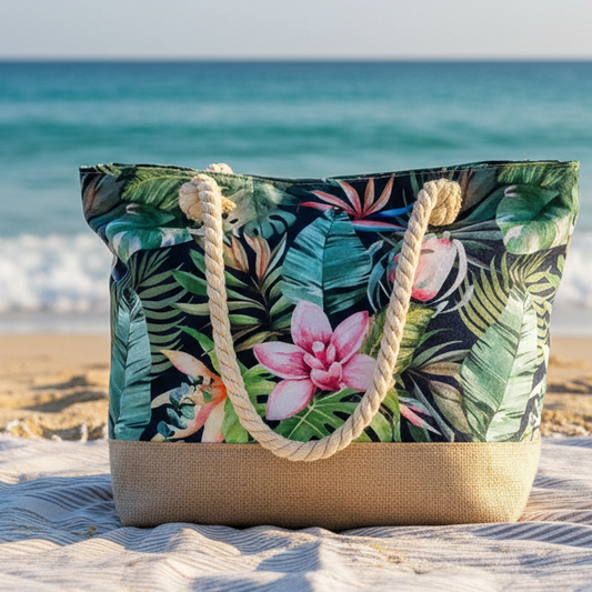 Cotton Road Beach Bag: Canvas GREEN FLORAL Bag with HESSIAN detailing LIFESTYLE