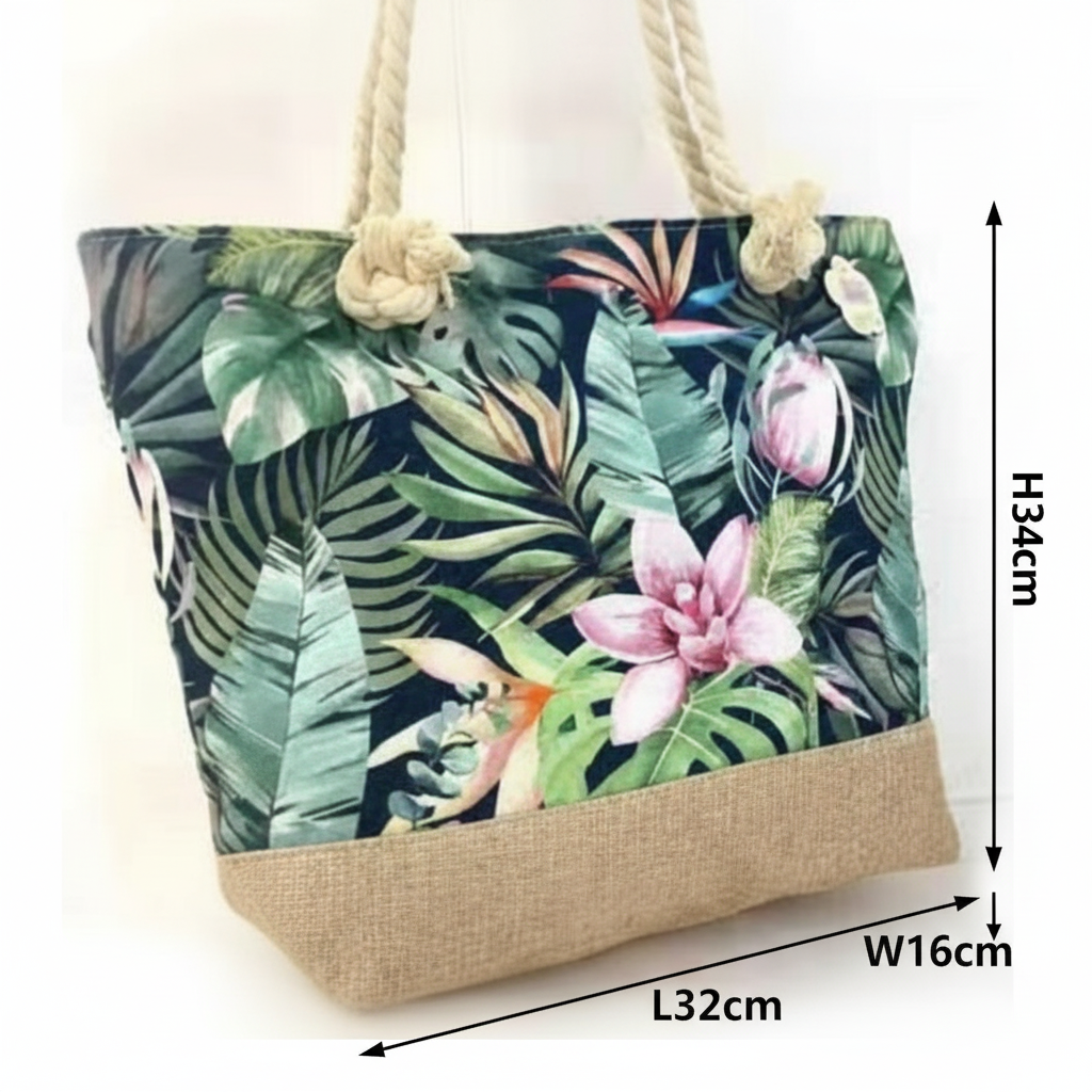 Cotton Road Beach Bag: Canvas GREEN FLORAL Bag with HESSIAN detailing. SIZED
