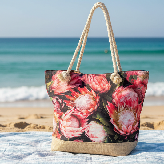 Cotton Road Beach Bag: Canvas RED PROTEA Bag with HESSIAN detailing LIFESTYLE