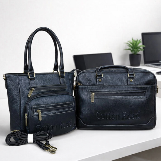 Cotton Road black PU leather 2-piece handbag and laptop bag bundle on office desk setup