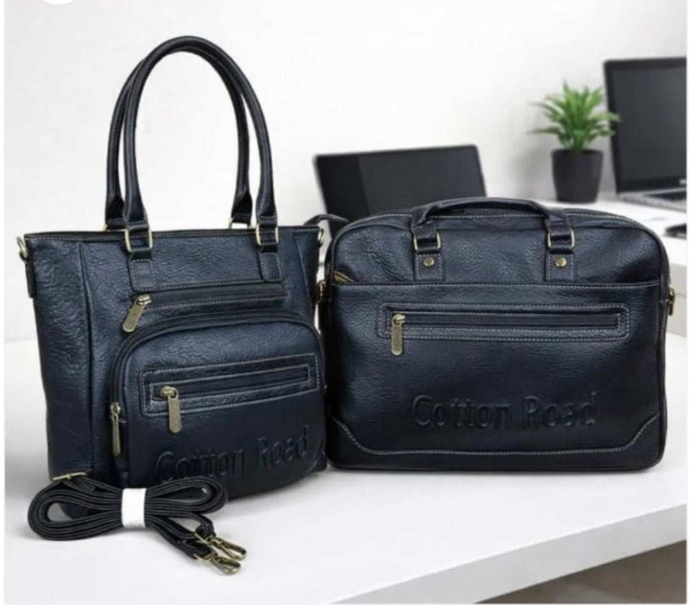 Cotton Road Black PU Leather Handbag, Laptop Bag, and Matching Wallet Set