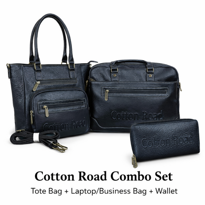 Cotton Road black PU leather handbag, laptop bag, and matching wallet set