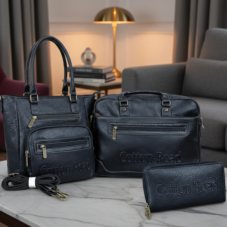 Cotton Road BLACK PU Leather BRANDED Handbag, Laptop Bag and matching wallet