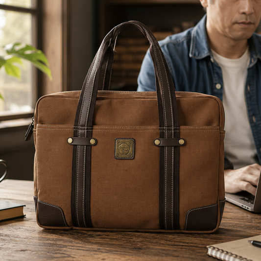 Cotton Road brown canvas and PU leather laptop bag displayed on a wooden desk in a warm workspace setting with laptop, books and coffee mug.