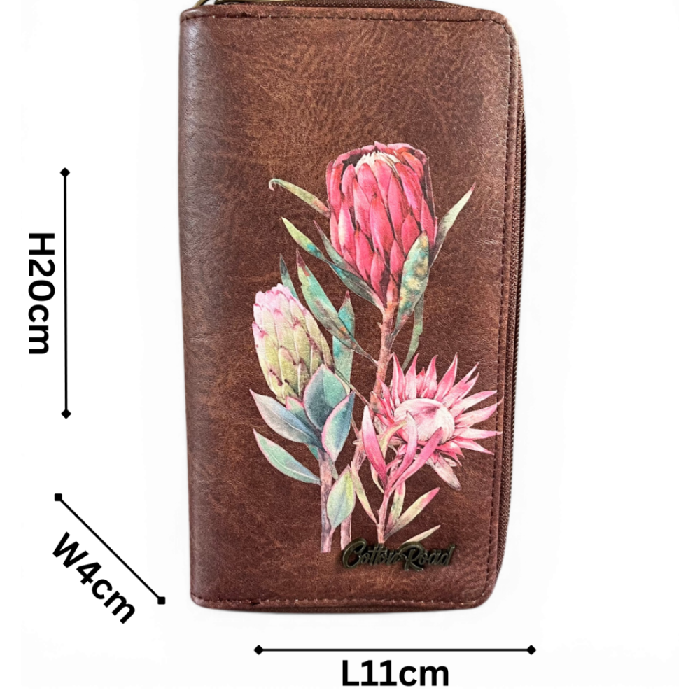 Cotton Road brown PU leather WALLET with protea print 
