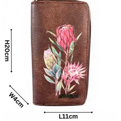 Cotton Road brown PU leather WALLET with protea print 