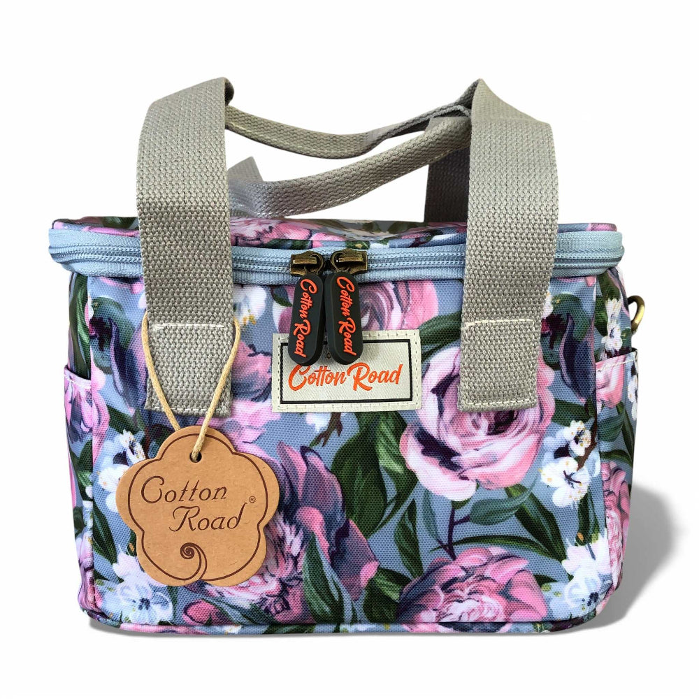 Blue PVC Cotton Road Cooler bag with purple pink flowers and insulated compartments