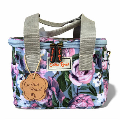 Blue PVC Cotton Road Cooler bag with purple pink flowers and insulated compartments