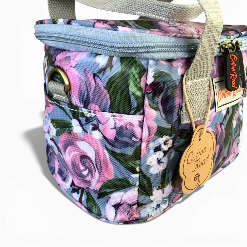 Blue Cotton Road Cooler lunch box bag with purple and pink flowers and insulated compartments