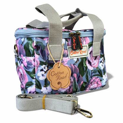 Blue PVC Cotton Road Cooler bag with purple pink floral design and insulated compartments