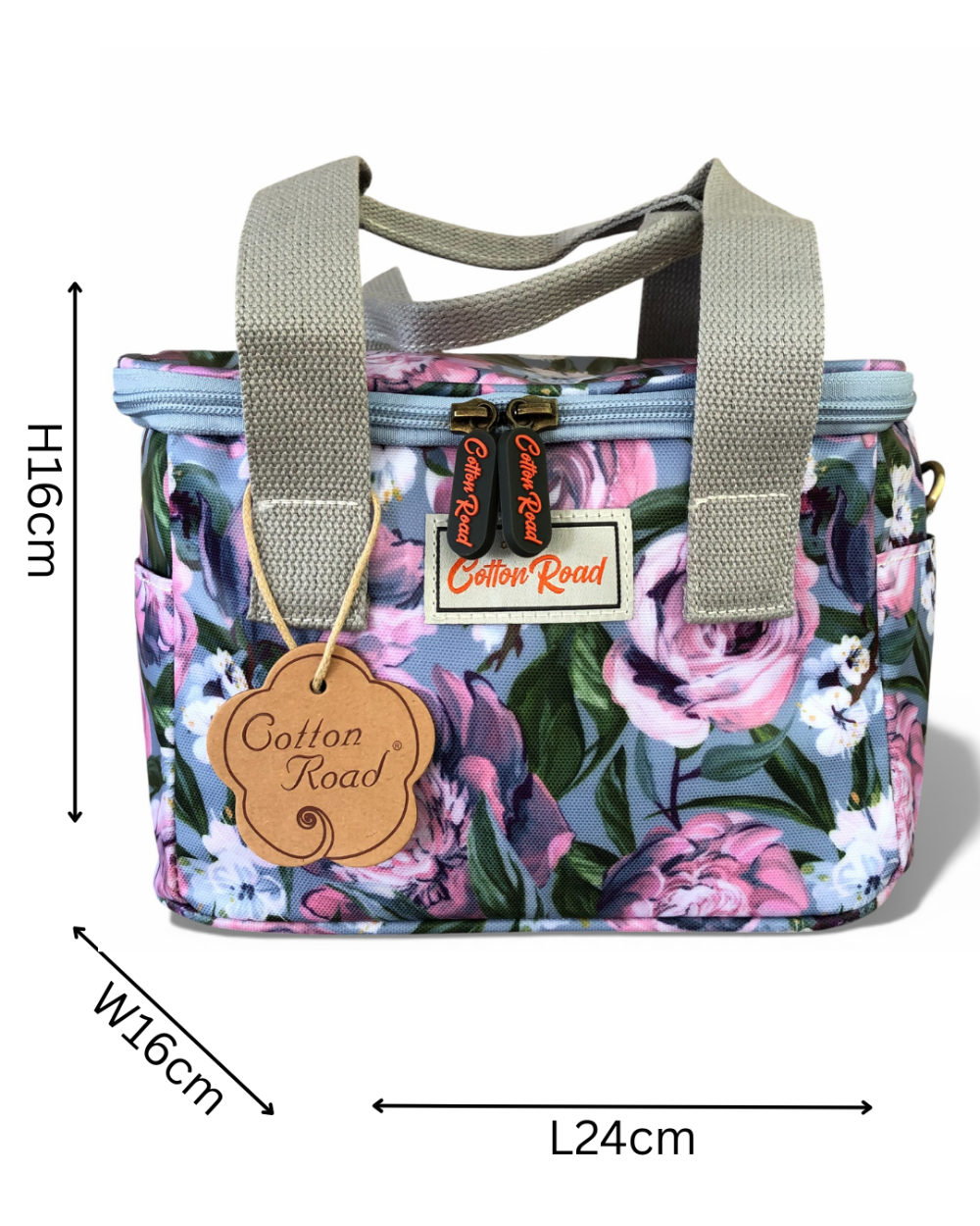 Blue PVC Cotton Road Cooler bag with purple pink flowers and insulated compartments