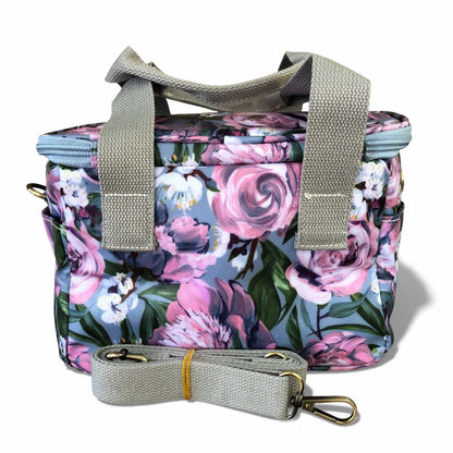 Blue PVC Cotton Road Cooler lunch box bag with purple and pink flowers