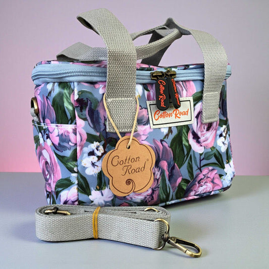 Blue PVC Cotton Road Cooler lunch box bag with purple pink flowers and insulated compartments
