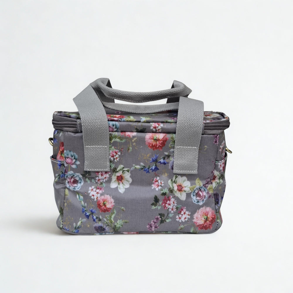 Cotton Road Cooler Bag: BROWN GREY PVC Insulated Lunch Box with FLOWERS