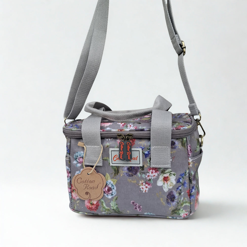 Cotton Road Cooler Bag: BROWN GREY PVC Insulated Lunch Box with FLOWERS